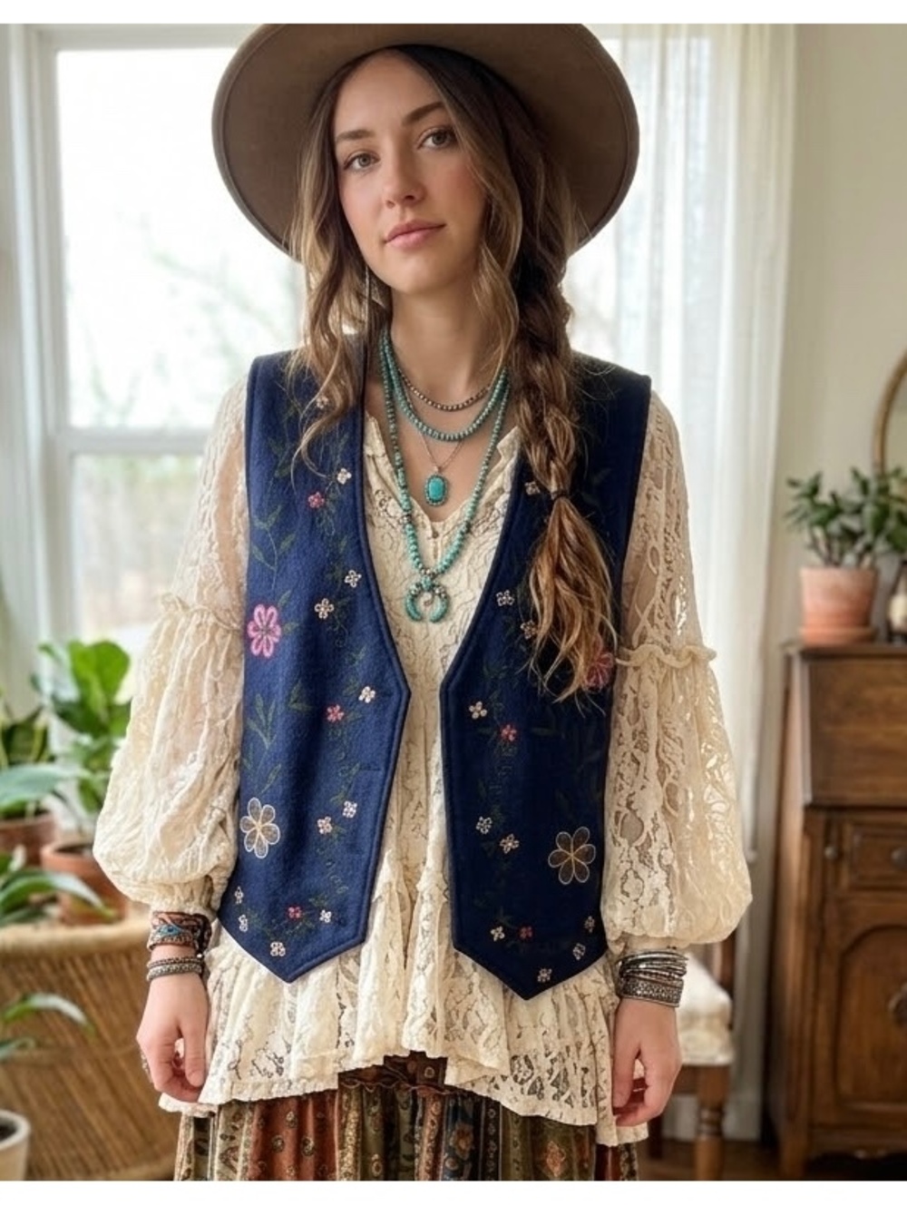 Vintage Navy Blue Embroidered Wool Vest with Floral Design